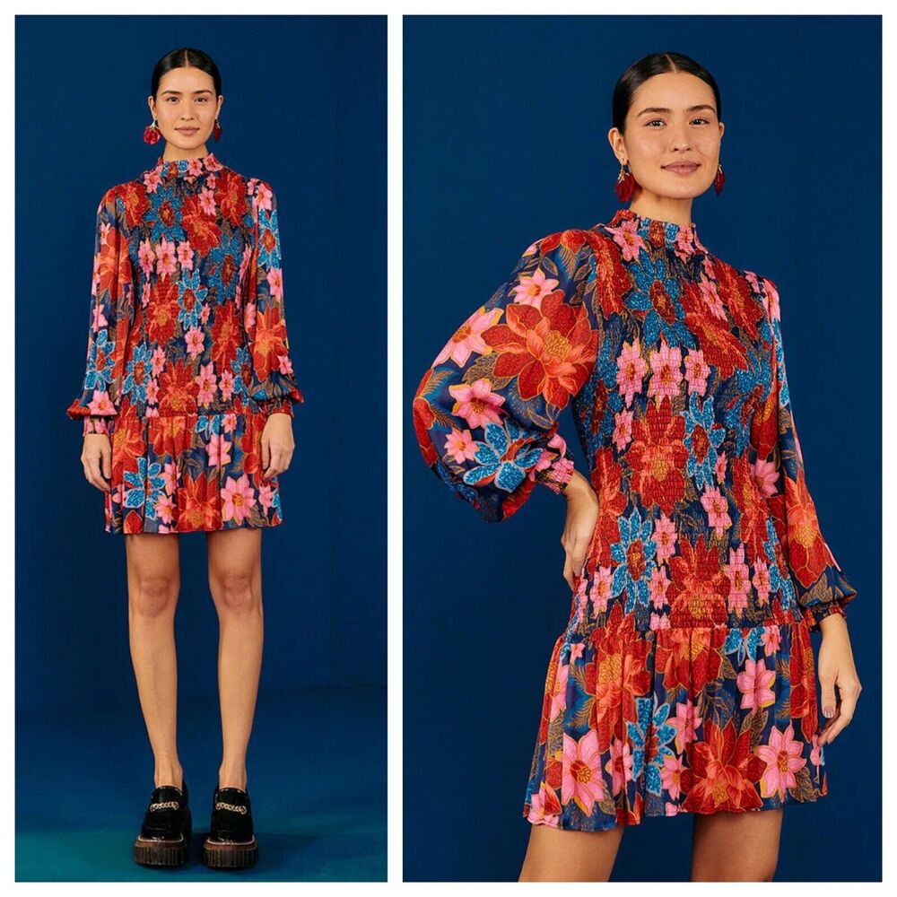 FARM Rio Garden Navy Smocked Mini Dress Size S Balloon Sleeve High Neck NWT